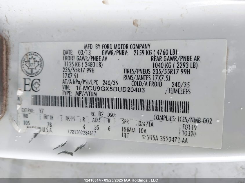 2013 Ford Escape Se VIN: 1FMCU9GX5DUD20403 Lot: 12416314