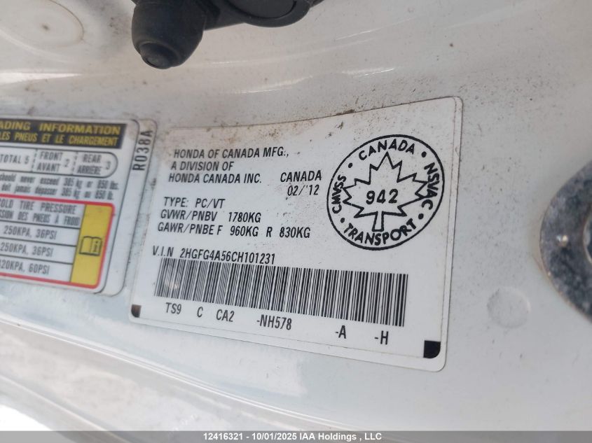 2012 Honda Civic Si Si VIN: 2HGFG4A56CH101231 Lot: 12416321