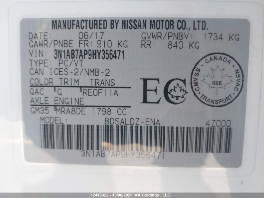 2017 Nissan Sentra VIN: 3N1AB7AP9HY356471 Lot: 12416322