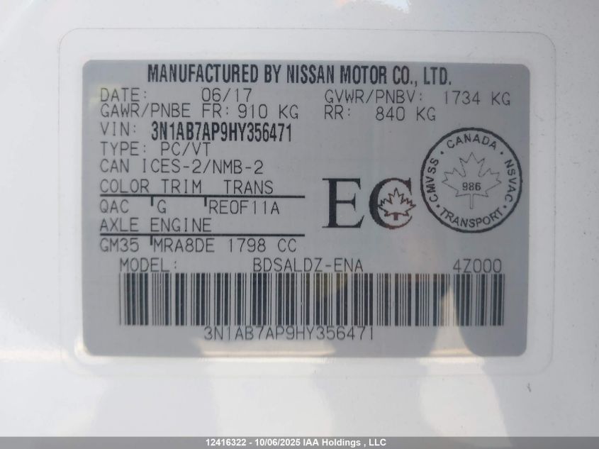 2017 Nissan Sentra VIN: 3N1AB7AP9HY356471 Lot: 12416322