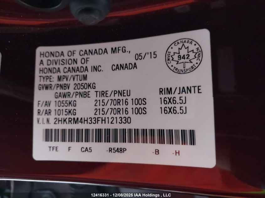 2015 Honda Cr-V VIN: 2HKRM4H33FH121330 Lot: 12416331