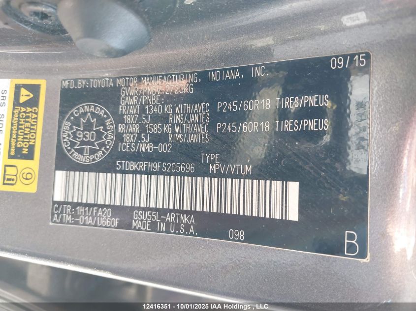 2015 Toyota Highlander Le/Le Plus VIN: 5TDBKRFH9FS205696 Lot: 12416351