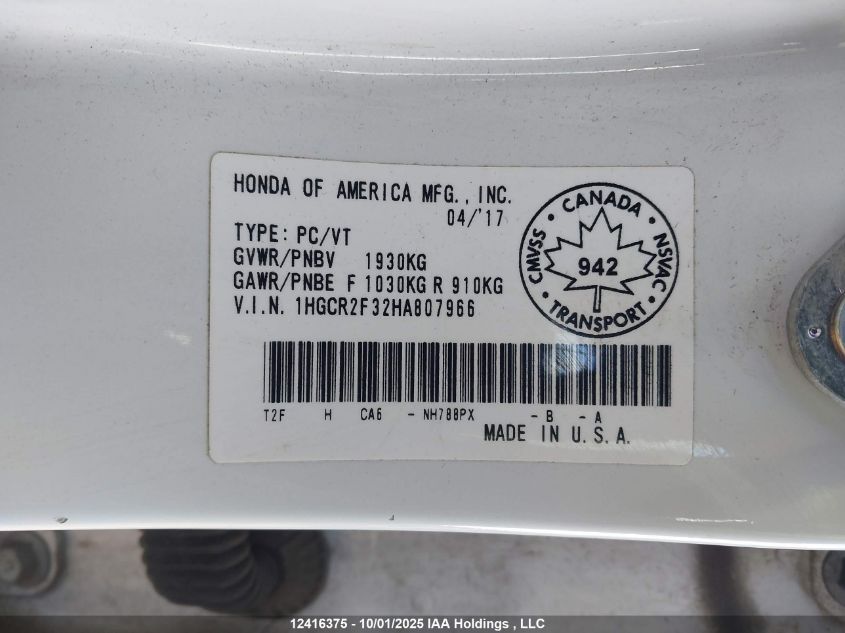 2017 Honda Accord Lx VIN: 1HGCR2F32HA807966 Lot: 12416375