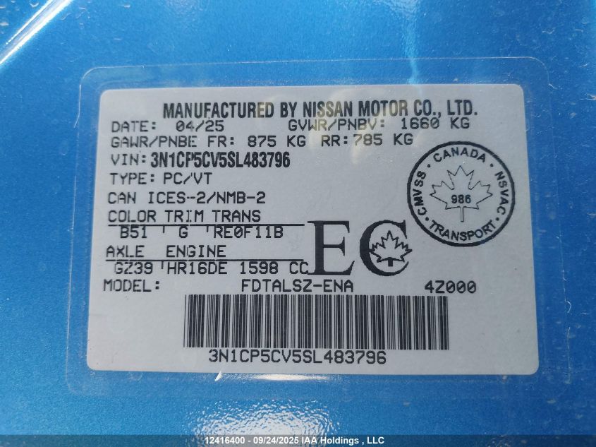 2025 Nissan Kicks Play Sv VIN: 3N1CP5CV5SL483796 Lot: 12416400