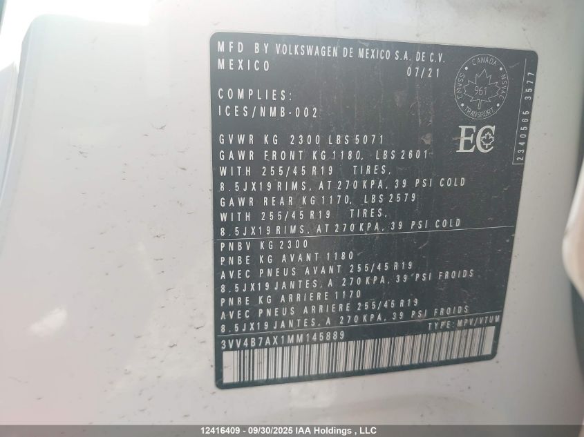 2021 Volkswagen Tiguan Highline VIN: 3VV4B7AX1MM145889 Lot: 12416409