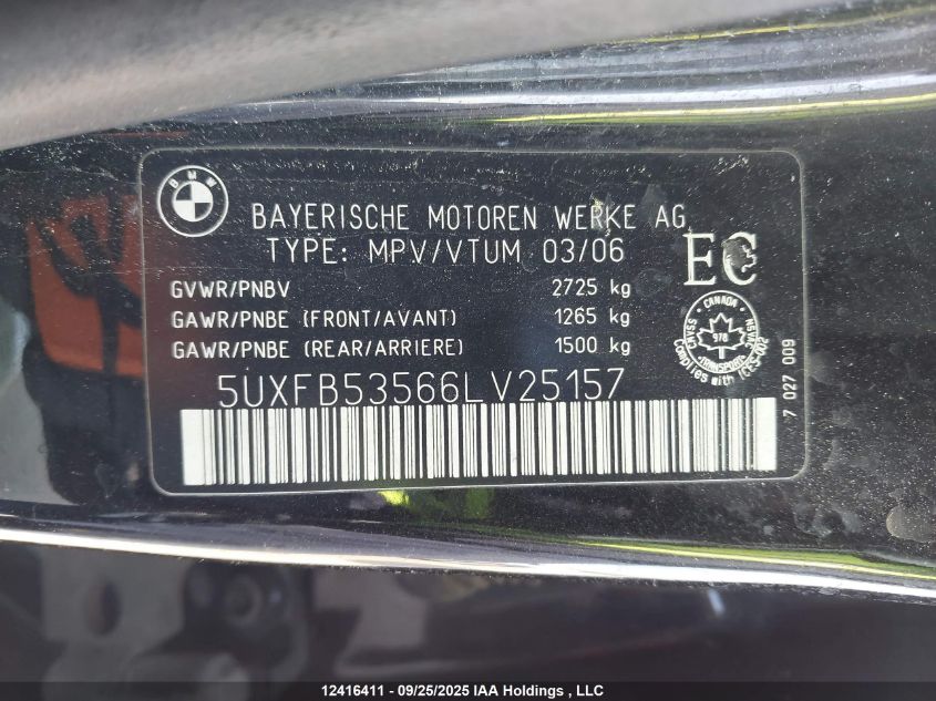 2006 BMW X5 4.4I VIN: 5UXFB53566LV25157 Lot: 12416411