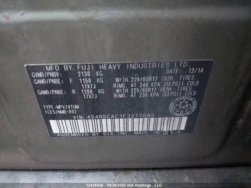 2015 Subaru Outback 2.5I VIN: 4S4BSCAC1F3277885 Lot: 12416438