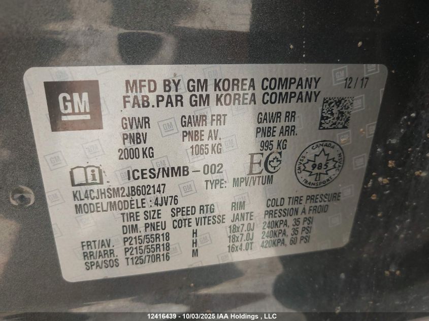 2018 Buick Encore VIN: KL4CJHSM2JB602147 Lot: 12416439