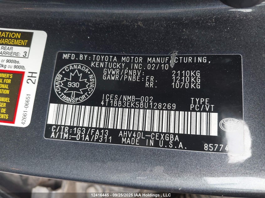 2011 Toyota Camry Hybrid VIN: 4T1BB3EK5BU128269 Lot: 12416445