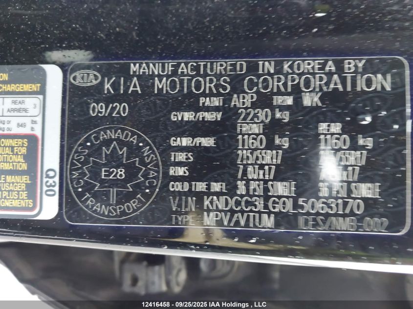 2020 Kia Niro Ex VIN: KNDCC3LG0L5063170 Lot: 12416458