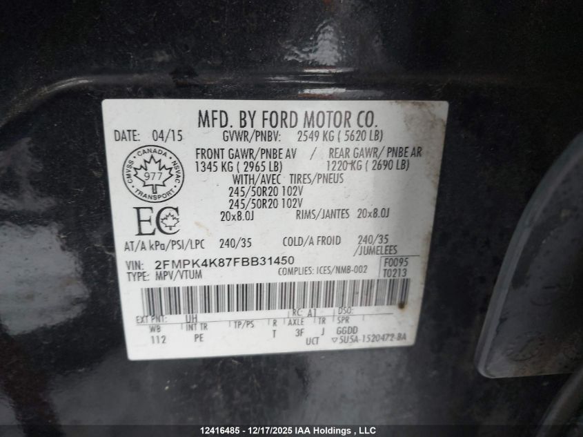 2015 Ford Edge Titanium VIN: 2FMPK4K87FBB31450 Lot: 12416485