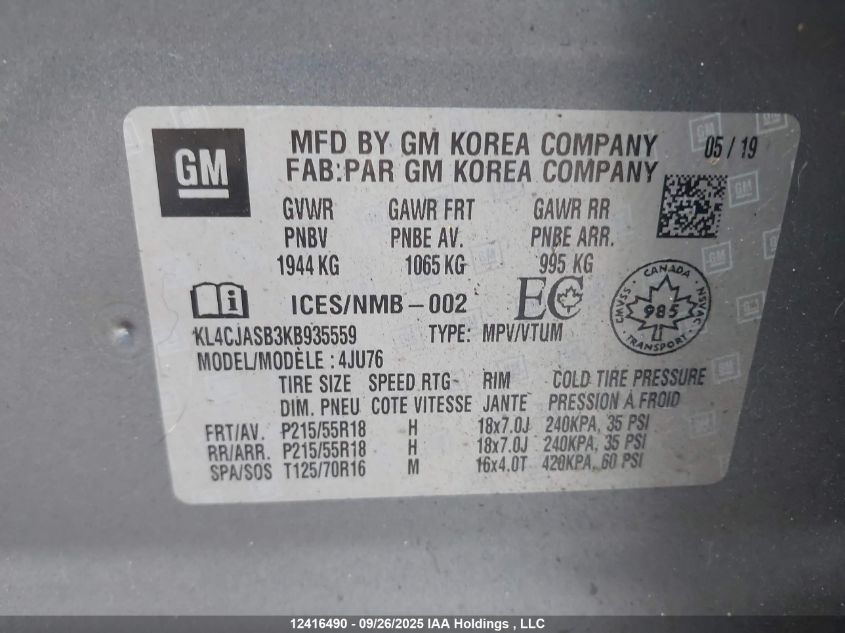 2019 Buick Encore Preferred VIN: KL4CJASB3KB935559 Lot: 12416490