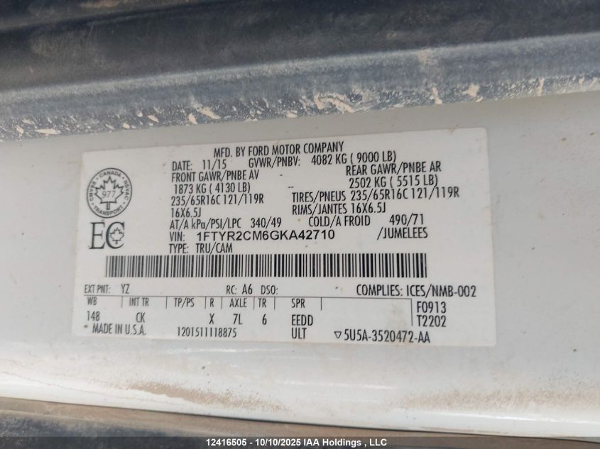 2016 Ford Transit-250 VIN: 1FTYR2CM6GKA42710 Lot: 12416505