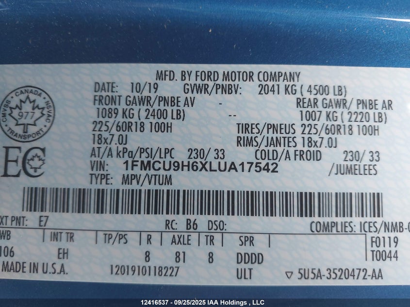 2020 Ford Escape Sel VIN: 1FMCU9H6XLUA17542 Lot: 12416537
