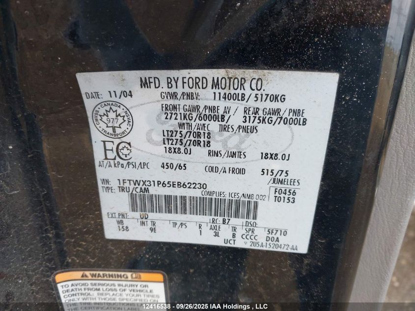 2005 Ford F350 Srw Super Duty VIN: 1FTWX31P65EB62230 Lot: 12416538