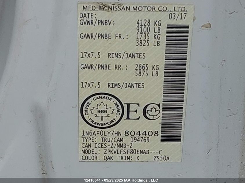 2017 Nissan Nv 2500 S/Sv/2500 Sl/S/Sv/Sl VIN: 1N6AF0LY7HN804408 Lot: 12416541