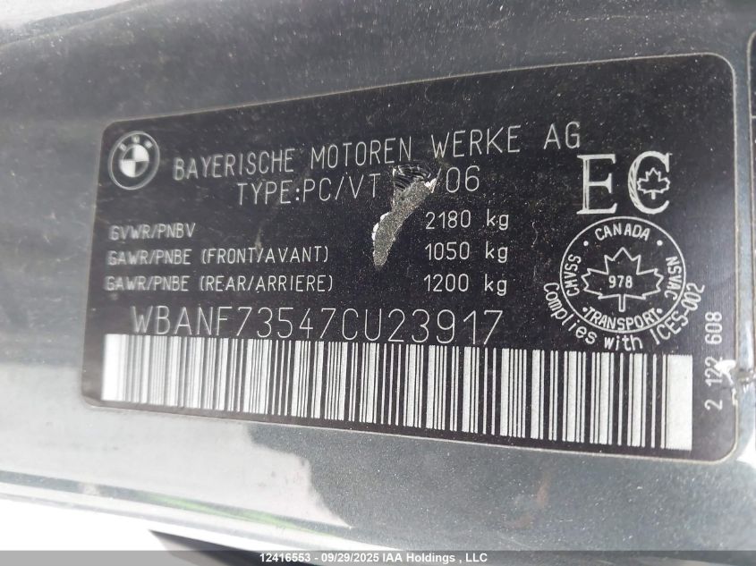 2007 BMW 5 Series VIN: WBANF73547CU23917 Lot: 12416553