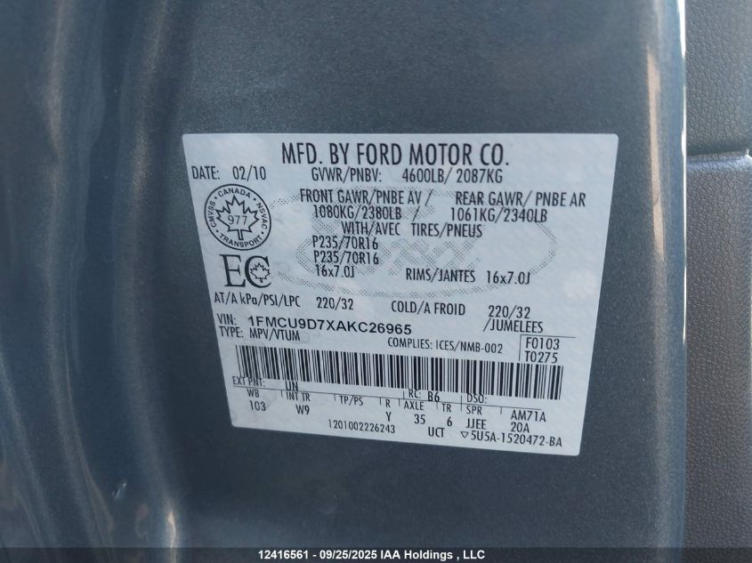 2010 Ford Escape Xlt VIN: 1FMCU9D7XAKC26965 Lot: 12416561