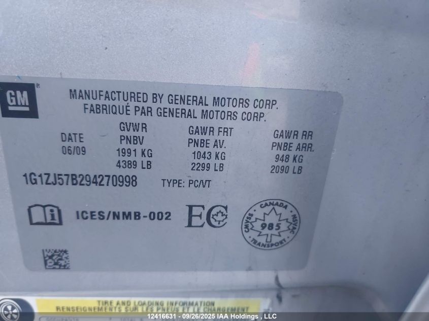 2009 Chevrolet Malibu Lt2 VIN: 1G1ZJ57B294270998 Lot: 12416631