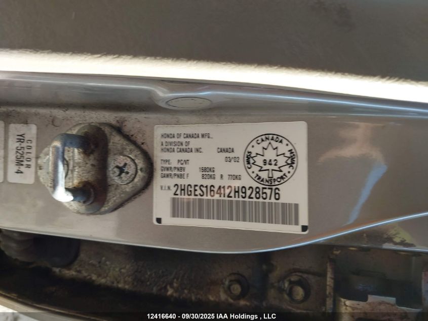 2002 Honda Civic Dx VIN: 2HGES16412H928576 Lot: 12416640