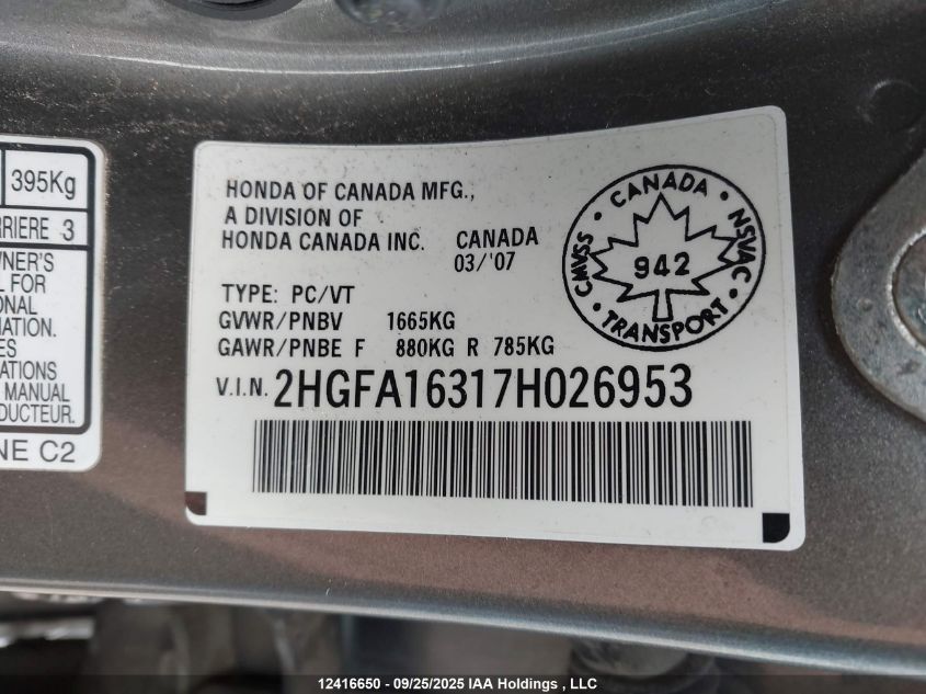 2007 Honda Civic Dx-G VIN: 2HGFA16317H026953 Lot: 12416650