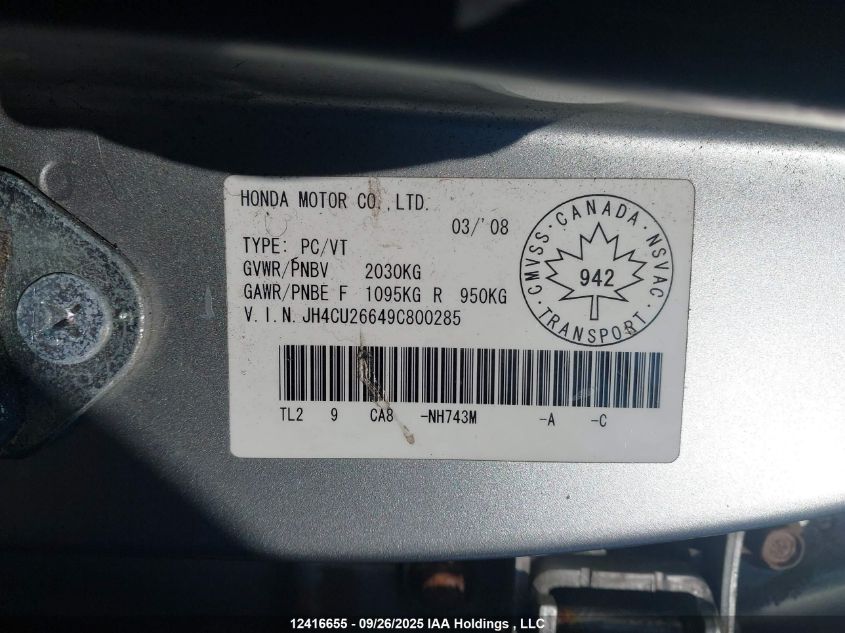 2009 Acura Tsx VIN: JH4CU26649C800285 Lot: 12416655