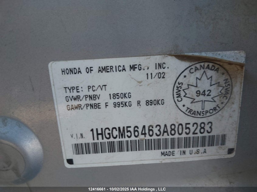 1HGCM56463A805283 2003 HONDA ACCORD photo no. 9