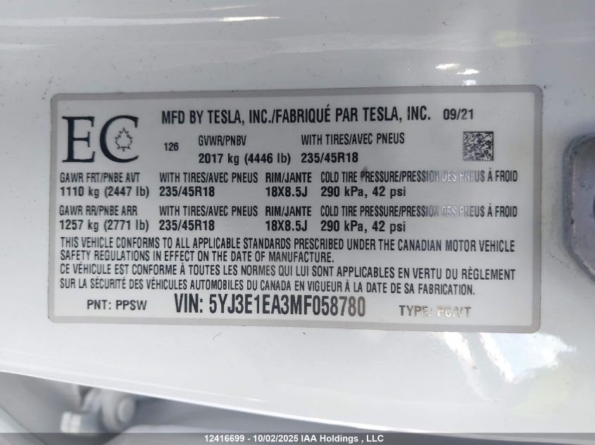 2021 Tesla Model 3 Standard Range/Standard Range Plus VIN: 5YJ3E1EA3MF058780 Lot: 12416699
