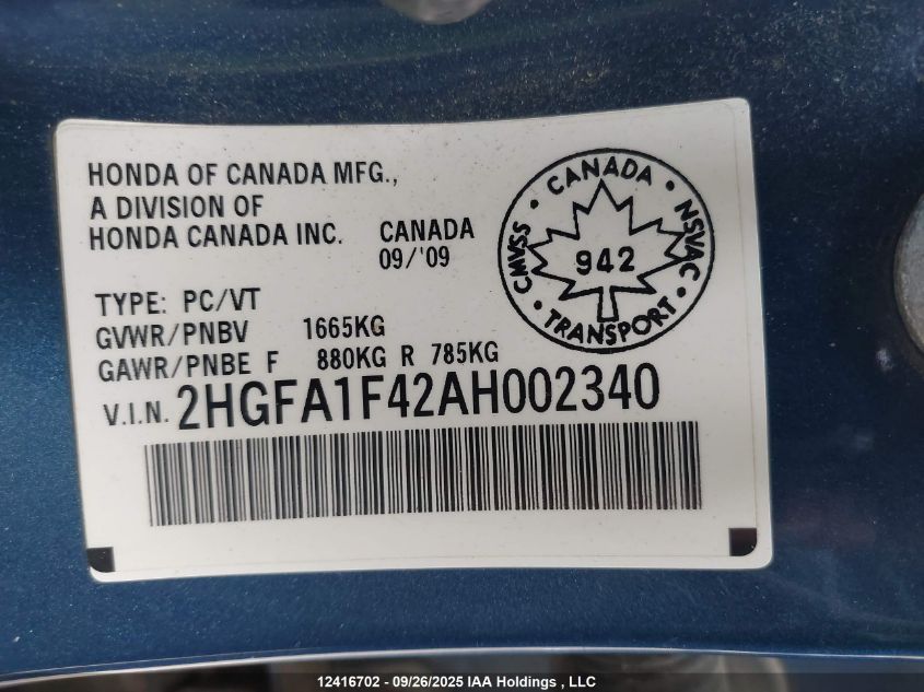 2010 Honda Civic VIN: 2HGFA1F42AH002340 Lot: 12416702