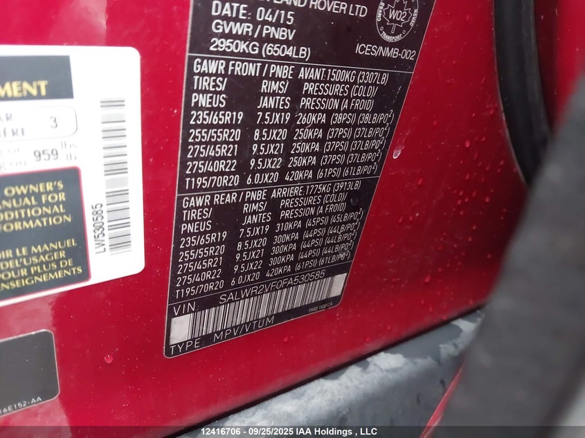 SALWR2VF0FA530585 2015 LAND ROVER RANGE ROVER SPORT photo no. 9