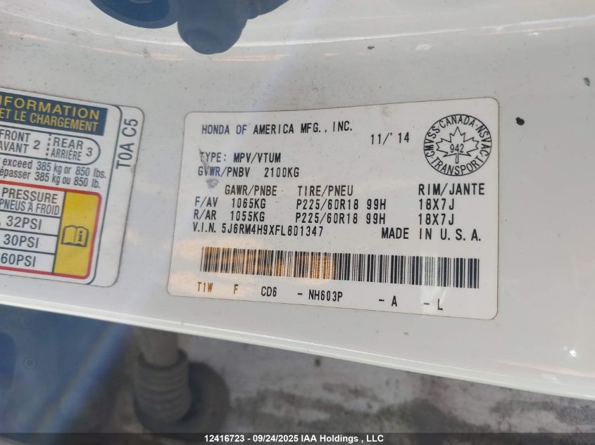 2015 Honda Cr-V Touring VIN: 5J6RM4H9XFL801347 Lot: 12416723