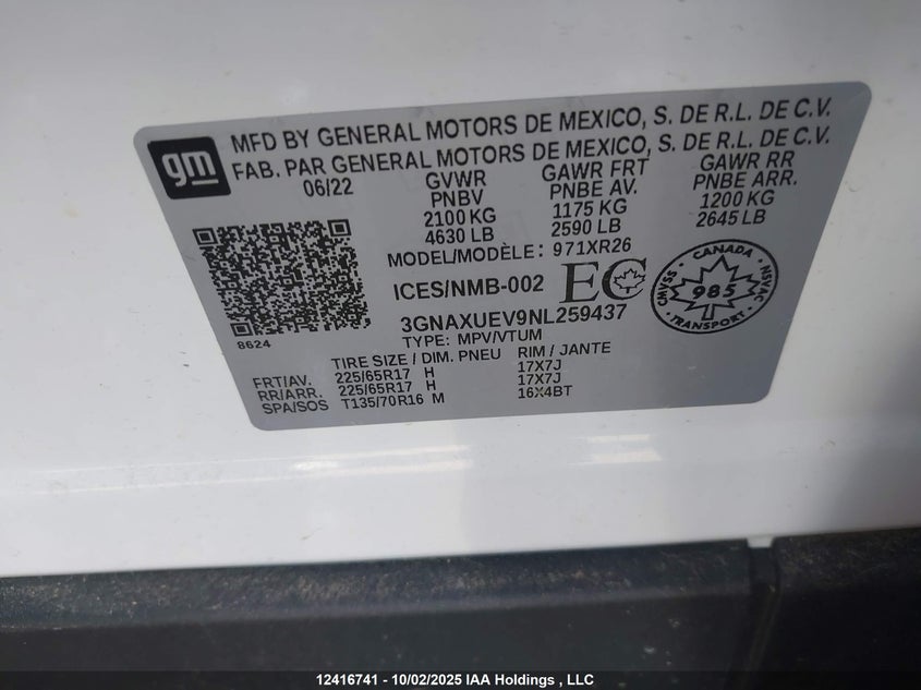 2022 Chevrolet Equinox VIN: 3GNAXUEV9NL259437 Lot: 12416741