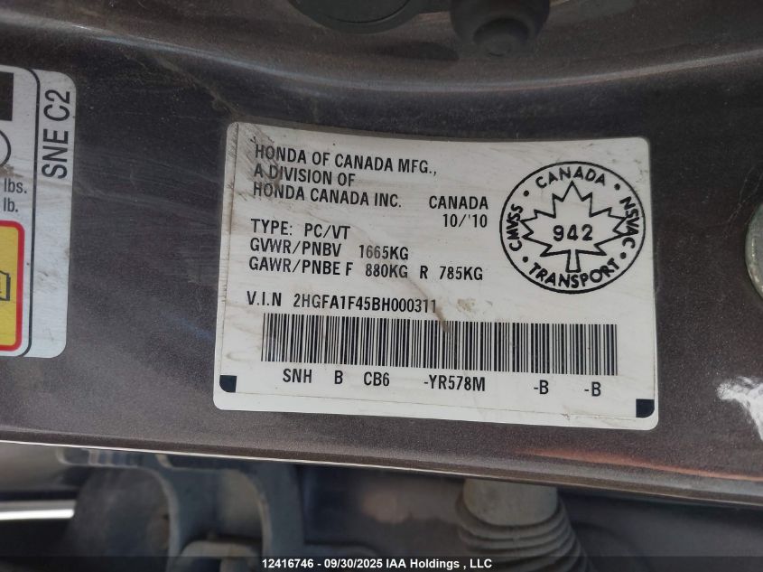 2011 Honda Civic Dx-G VIN: 2HGFA1F45BH000311 Lot: 12416746