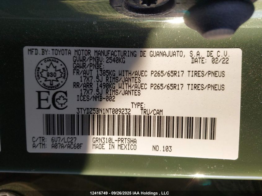 2022 Toyota Tacoma VIN: 3TYDZ5BN1NT009232 Lot: 12416749