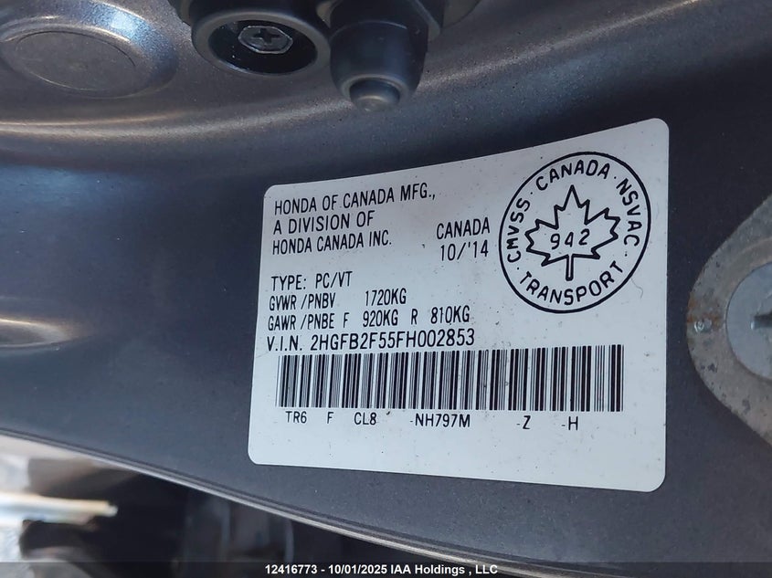 2015 Honda Civic Ex 4Dr VIN: 2HGFB2F55FH002853 Lot: 12416773