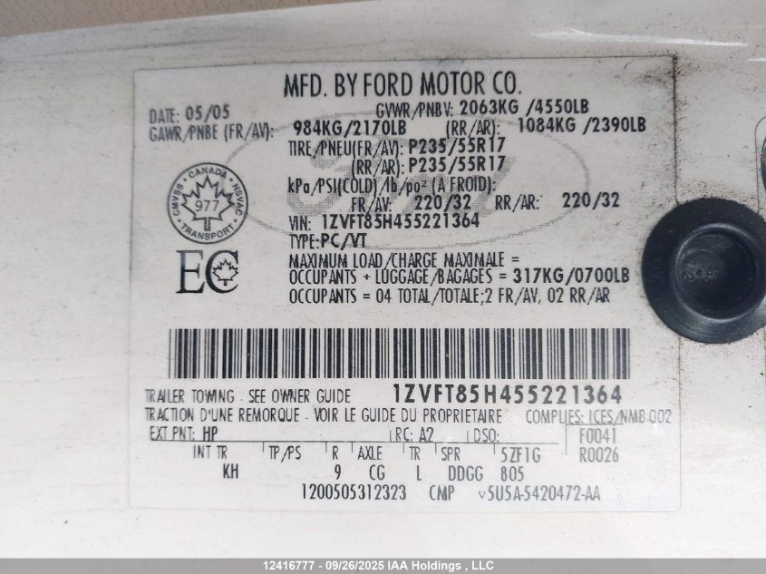 2005 Ford Mustang Gt VIN: 1ZVFT85H455221364 Lot: 12416777