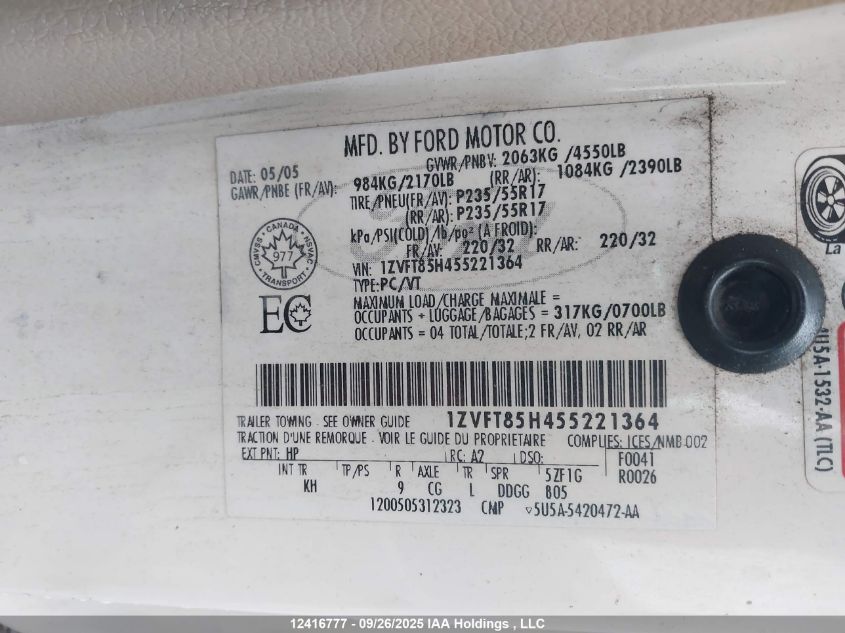 2005 Ford Mustang Gt VIN: 1ZVFT85H455221364 Lot: 12416777