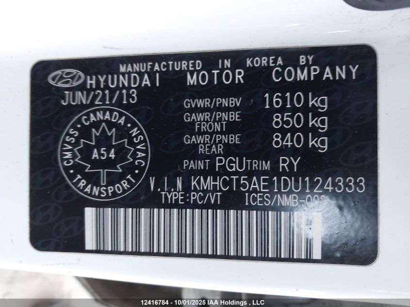 2013 Hyundai Accent Gl VIN: KMHCT5AE1DU124333 Lot: 12416784