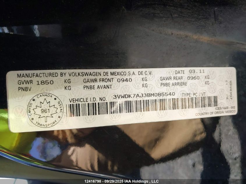 2011 Volkswagen Jetta VIN: 3VWDK7AJ3BM085540 Lot: 12416798