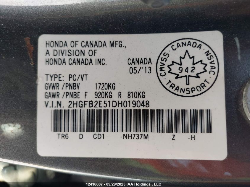 2013 Honda Civic VIN: 2HGFB2E51DH019048 Lot: 12416807