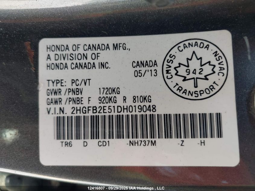 2013 Honda Civic VIN: 2HGFB2E51DH019048 Lot: 12416807