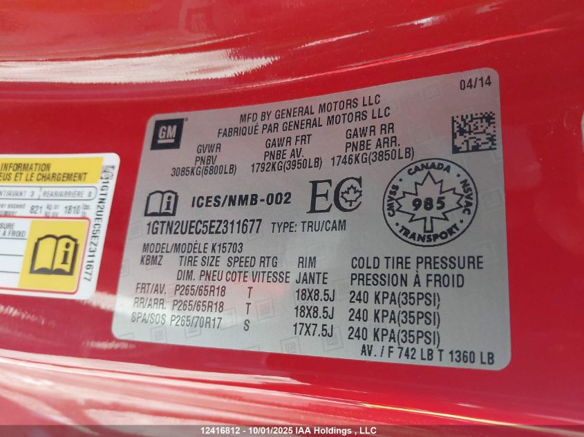 2014 GMC Sierra 1500 Sle VIN: 1GTN2UEC5EZ311677 Lot: 12416812