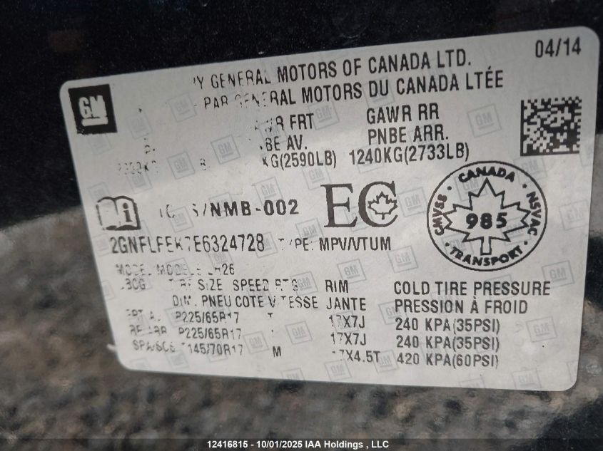 2014 Chevrolet Equinox 1Lt VIN: 2GNFLFEK7E6324728 Lot: 12416815