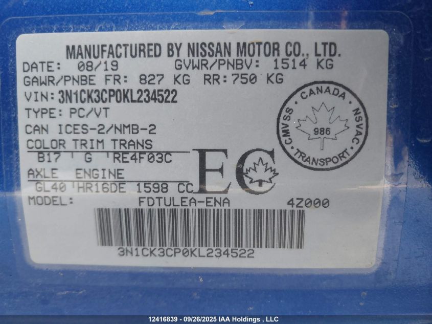 2019 Nissan Micra VIN: 3N1CK3CP0KL234522 Lot: 12416839