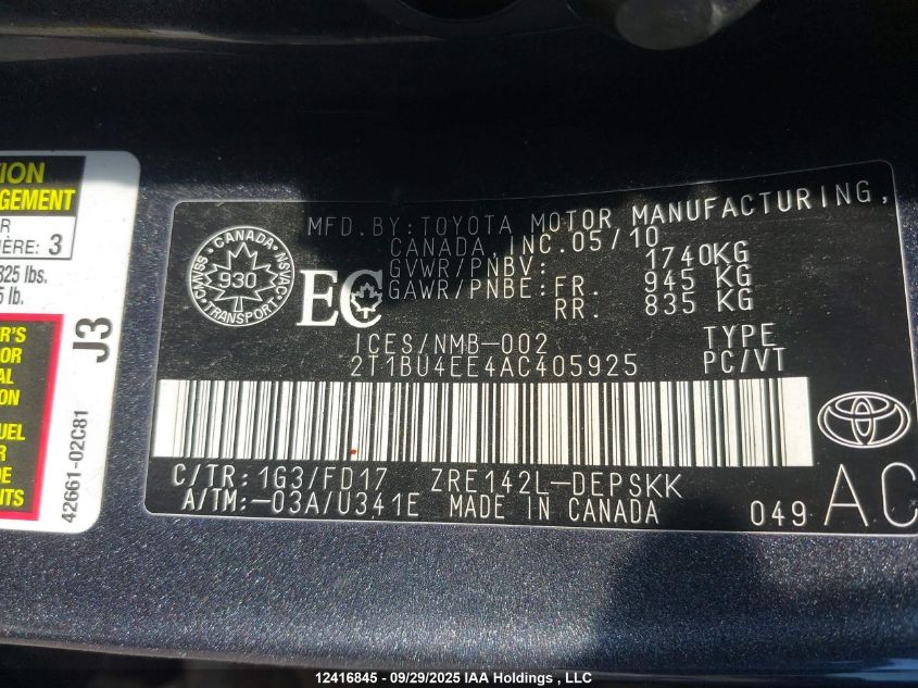 2010 Toyota Corolla S VIN: 2T1BU4EE4AC405925 Lot: 12416845