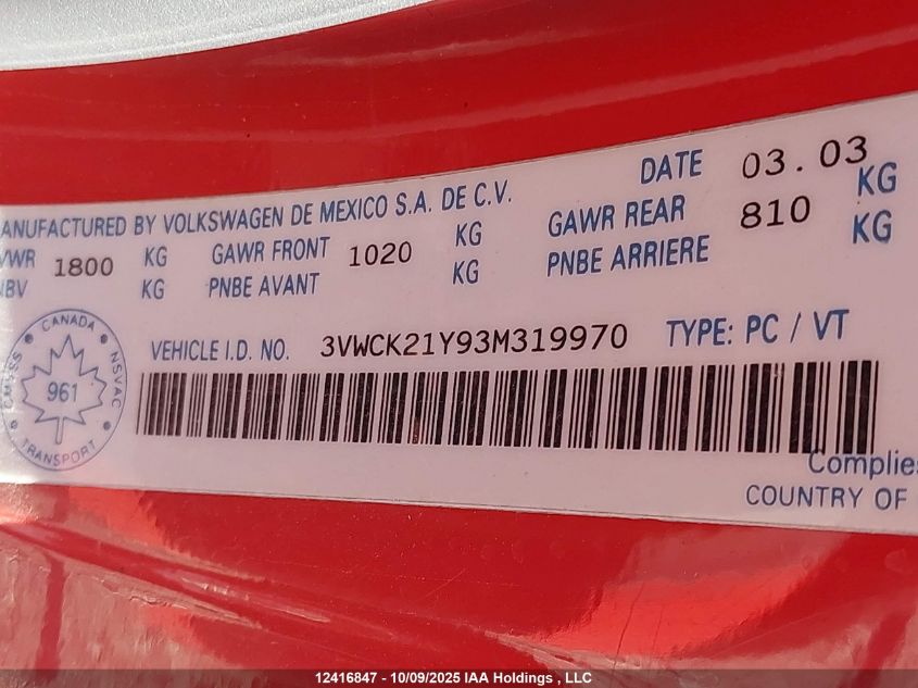 2003 Volkswagen New Beetle Gls VIN: 3VWCK21Y93M319970 Lot: 12416847