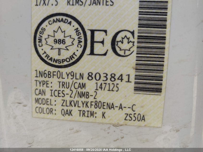 2020 Nissan Nv Cargo Nv2500 Hd S V6/Sv V6 VIN: 1N6BF0LY9LN803841 Lot: 12416858