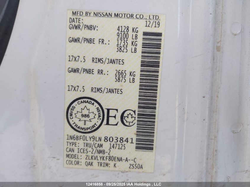 2020 Nissan Nv Cargo Nv2500 Hd S V6/Sv V6 VIN: 1N6BF0LY9LN803841 Lot: 12416858