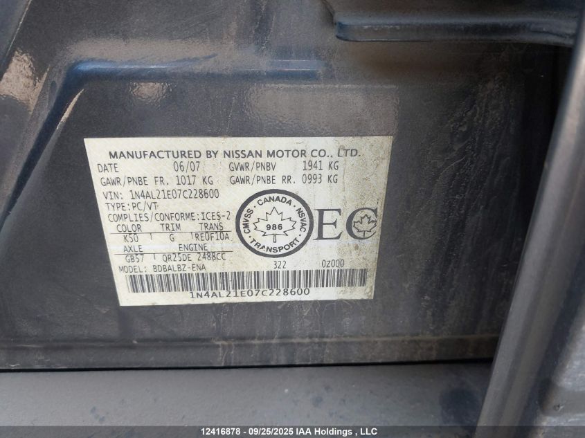 2007 Nissan Altima 2.5 S VIN: 1N4AL21E07C228600 Lot: 12416878