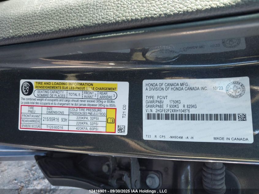 2024 Honda Civic VIN: 2HGFE2F2XRH104876 Lot: 12416901